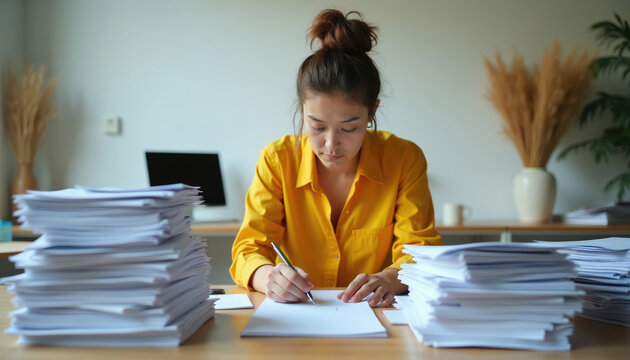 Focused woman in yellow shirt sorts piles of paperwork at desk. Busy office worker analyzes documents, manages administrative tasks. Organization and workload challenge.