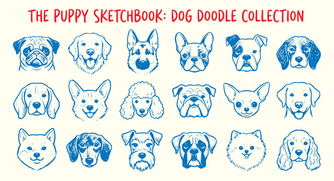 Collection of blue doodle dog faces on cream background