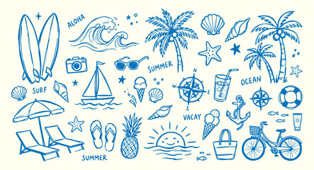 Summer vacation icons and symbols in blue on cream background including surfboard palm trees sunglasses and beach elements for travel and leisure concepts © Meizan 