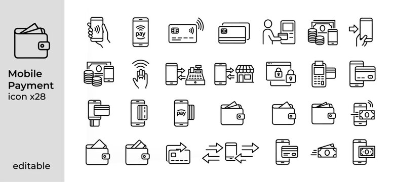 Mobile Payment and Digital Wallet Outline Icons Set, Contactless Banking Vector Collection