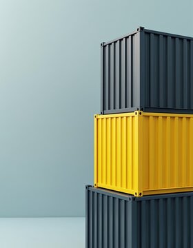 Three stacked cargo containers, two gray one yellow, stand in storage area. Industrial boxes wait for transport and delivery. Global trade objects.