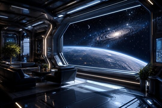Futuristic spaceship interior observation deck looking out at a planet and starry galaxy