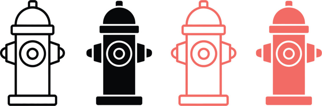 Fire, hydrant icon set with line and solid styles featuring black and red silhouettes, emergency water access and firefighter safety vector illustration.