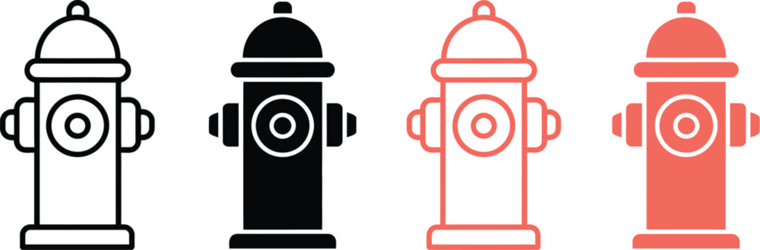 Fire, hydrant icon set with line and solid styles featuring black and red silhouettes, emergency water access and firefighter safety vector illustration.