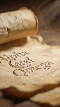 Vertical video: Cam pulling back revealing parchment with Alpha and Omega script on desk, dust motes