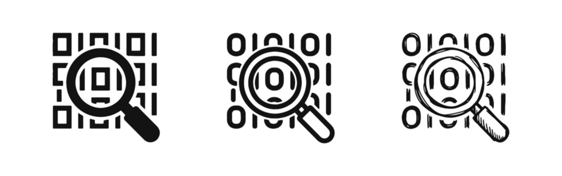 Data Analysis and Search Magnifying Glass Icon Set - Solid, Outline, and Sketch Styles