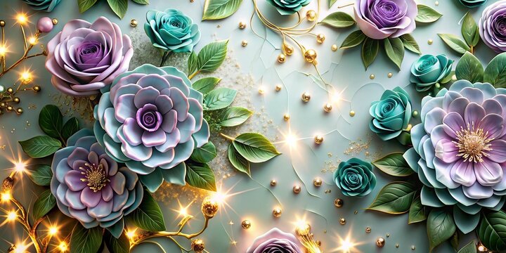 3D wallpaper flowers in gold and cream colors, Mural,neon wallpaper flowers high quality image red golden green flowers with golden leaves on Drak background. White and golden luxury 3d well .