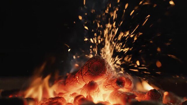 Glowing embers and fiery sparks erupt from burning wood logs, creating a dynamic and energetic display of primal heat and light against the dark atmosphere, perfect for themes of warmth, power