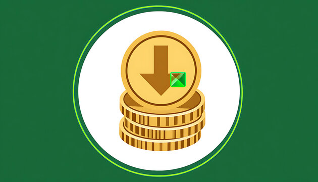 Financial downturn graphic illustrating economic decline and market decrease with a stack of golden coins and downward arrow symbol