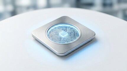 Naklejka premium Minimalist futuristic microchip resting on a clean white surface with a soft blue ambient glow and a sophisticated industrial