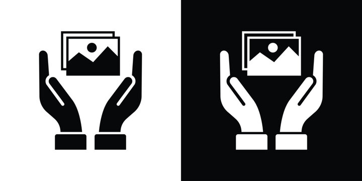 Digital asset protection and media copyright icon. Human hands holding a photography picture frame, symbolizing artwork preservation, portfolio backup, and creative rights care.