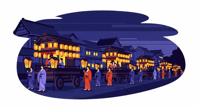 Traditional Japanese festival parade with lanterns and floats