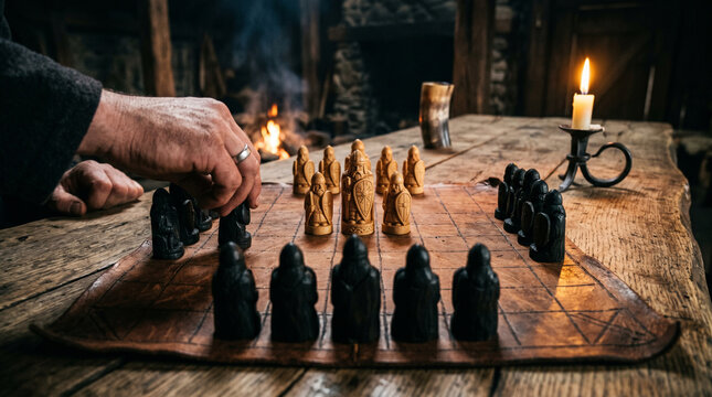 A hand placing a chess piece on a leather chessboard with a medieval theme