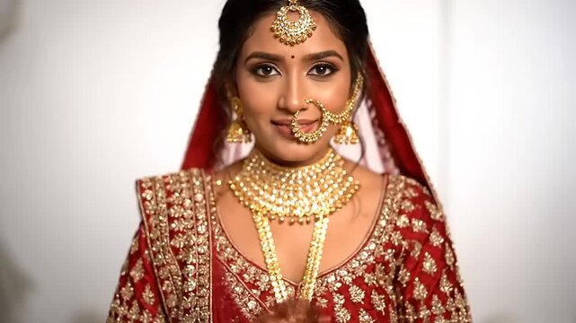 Beautiful Indian Bride in Traditional Red Lehenga and Gold Jewelry.