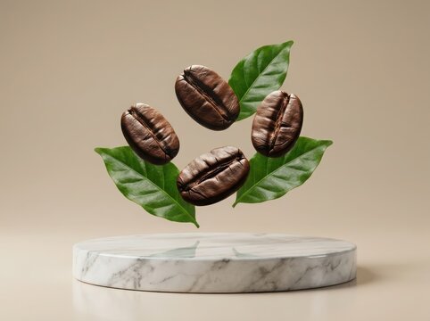 Coffee beans and leaves on marble pedestal