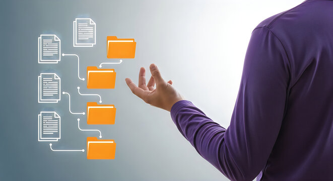Person organizing digital documents into folder categories with hand gesture