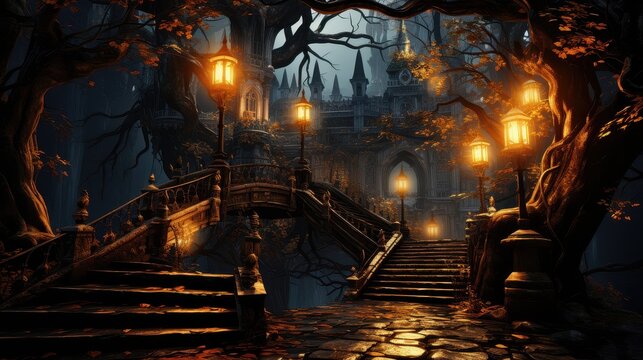 A Misty Ancient Forest with Yellow Trees, Hanging Lanterns