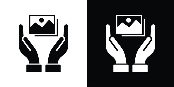 Digital asset protection and media copyright icon. Human hands holding a photography picture frame, symbolizing artwork preservation, portfolio backup, and creative rights care.