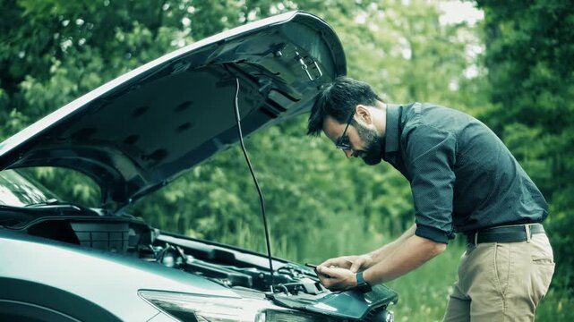 Driver Calling Roadside Assistance For Broken Down Car. Vehicle Engine Failure and Technical Problems on Road. Tow Truck Service Call
