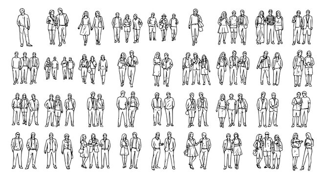 Casual people silhouette sketch collection with hand drawn outline human figures vector