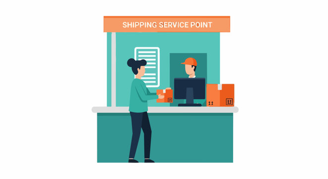 Customer Sending Package at Shipping Service Point Vector Illustration - Logistics and Delivery Concept
