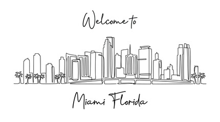 Fototapeta premium Welcome to Miami Florida Skyline Single Line Art Drawing