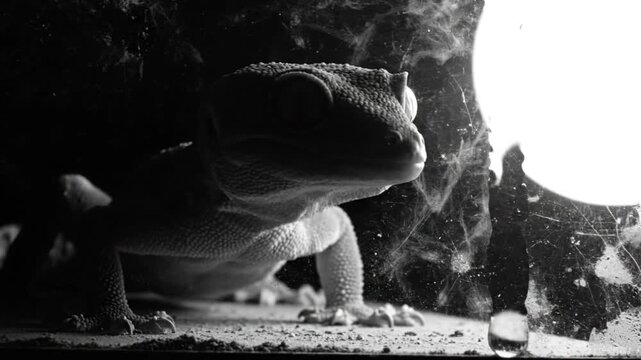 Black and white close up of a gecko in an enclosure staring directly at the camera with large eyes