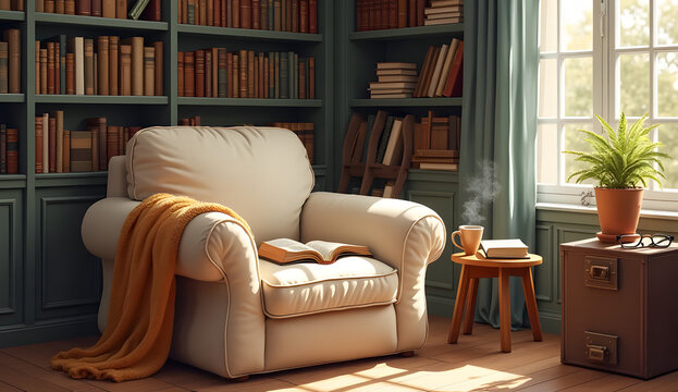 Cozy Reading Corner with Armchair and Bookshelf, Warm Home Library Interior