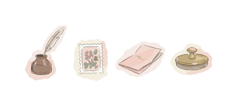 Inkwell, a postage stamp, blotting paper, and a brass paperweight spaced out in a row, soft naive watercolor illustration, humble