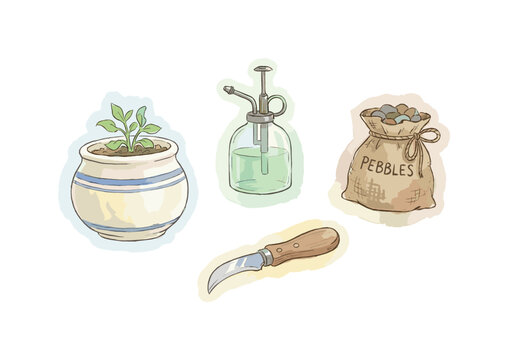 Indoor plant care items with a ceramic planter, misting bottle, bag of pebbles, and a small pruning knife, soft naive watercolor