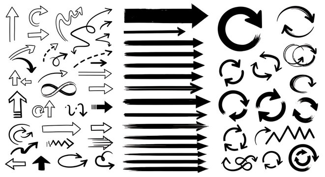 Collection of hand-drawn arrows and circular arrows with circular collection direction movement previous backward creative navigation
