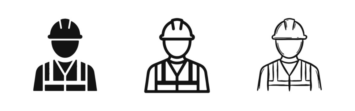 Construction Worker and Engineer Avatar Icon Set in Solid, Outline, and Hand-Drawn Doodle Styles