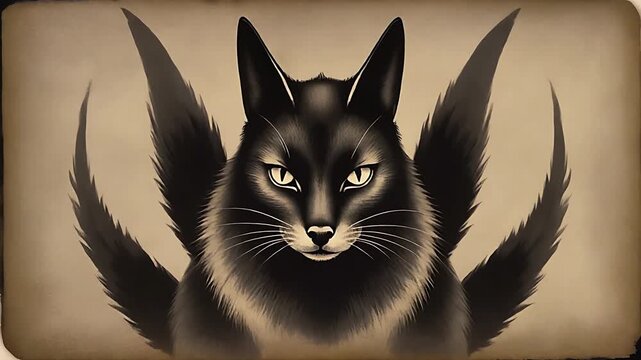 Mystical Black Cat with Multiple Tails Fantasy Illustration. 4K Video