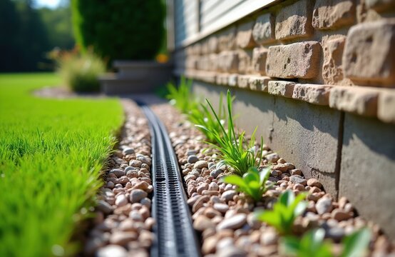 French drain channel with gravel and plants near stone wall. Drainage system protects house foundation from water. Landscaping detail enhances yard.
