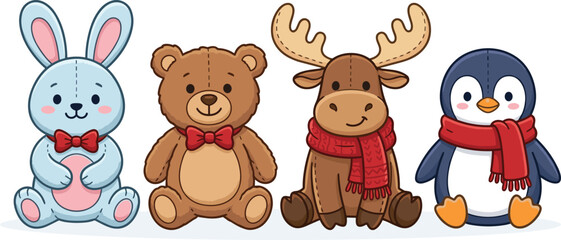 Fototapeta premium Cute Christmas Plush Animal Toy Clipart Set Featuring Winter Rabbit Teddy Bear Moose and Penguin with Red Scarves and Bowties Vector Illustration