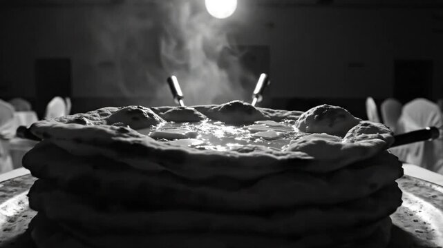 Black and white close up of steaming hot flatbread with butter melting on top, shot with low lighting in a dark room