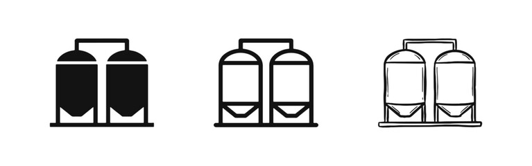 Industrial Storage Silos Icon Set for Factory and Brewery in Solid, Outline, and Hand-Drawn Doodle Styles © drawing lines