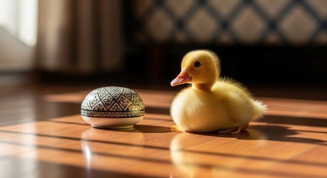 Adorable fluffy duckling sits next to a decorative Easter egg on a wooden floor.