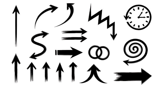 Set of hand-drawn black arrows a zig-zag line a clock face illustration brush stroke direction illustration movement collection navigation