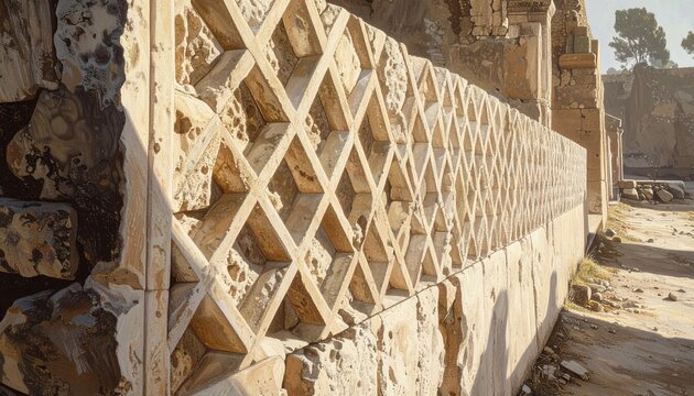 Ancient Roman opus reticulatum diamond pattern on historic stone wall close-up in heritage site