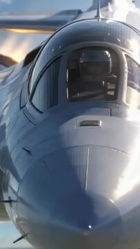 Vertical video: Chase camera tracking jet nose, helmeted pilot adjusting oxygen mask for filming