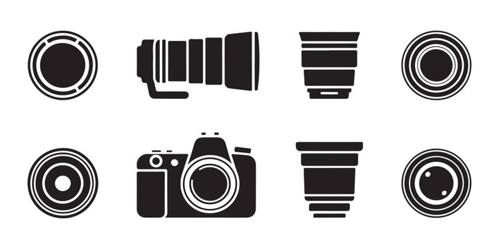 Set of black and white photography camera lens icons, telephoto lens, prime lens, and wide angle lens.