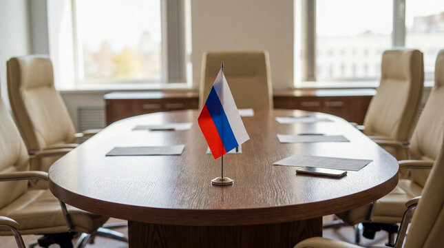 The national flag of Russia on the table in the negotiation room, the diplomatic agreement, the office of the Russian Embassy, the Ministry