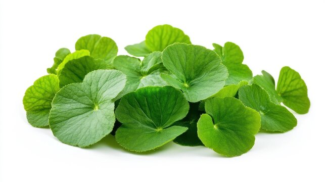 Group of fresh Centella asiatica leaves isolated on white background