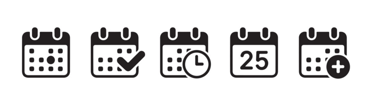 Set of black calendar vector icons, collection of schedule deadline date appointment symbols with checkmark.