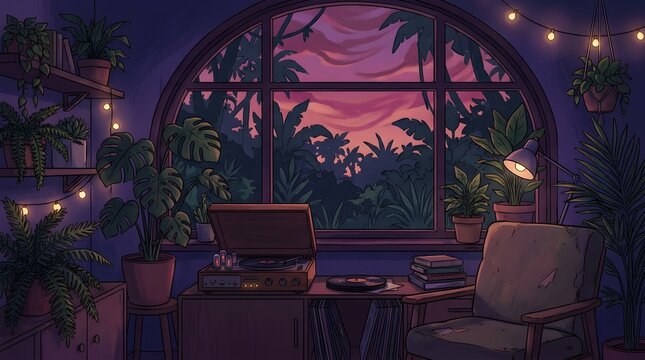 Cozy room interior with jungle view at sunset