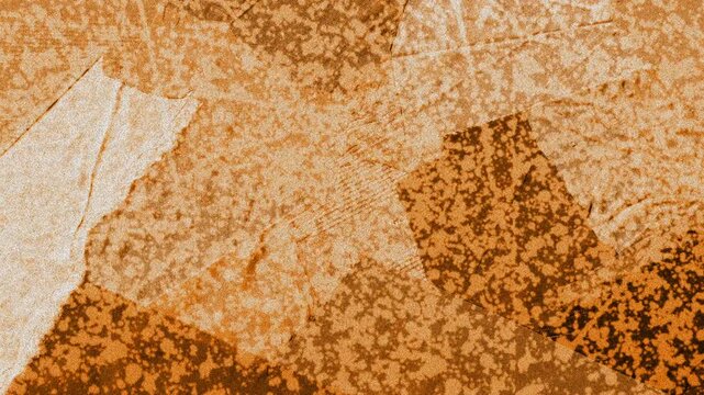 Animated orange grunge texture background with layered fabric patchwork distressed grainy surface and vintage film noise for creative artistic video transitions and overlays.
