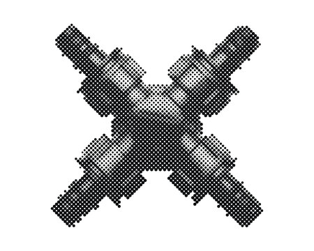 Retro halftone cross pipe fitting joint connector with circle dots pattern isolated on white background