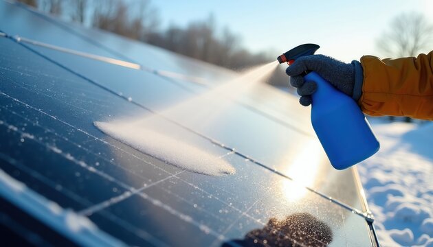 Person sprays de-icing fluid on frosty solar panels in winter. Hand in glove uses spray bottle. Cold weather maintenance for solar energy production, sun shines.