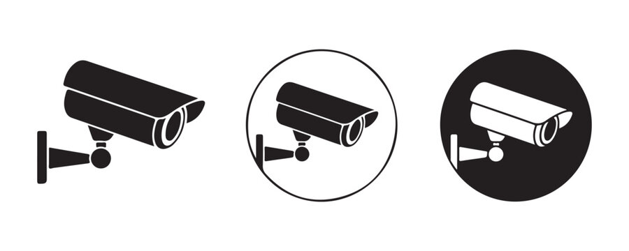 Black icons of outdoor security cameras isolated on grid background for professional video monitoring system.